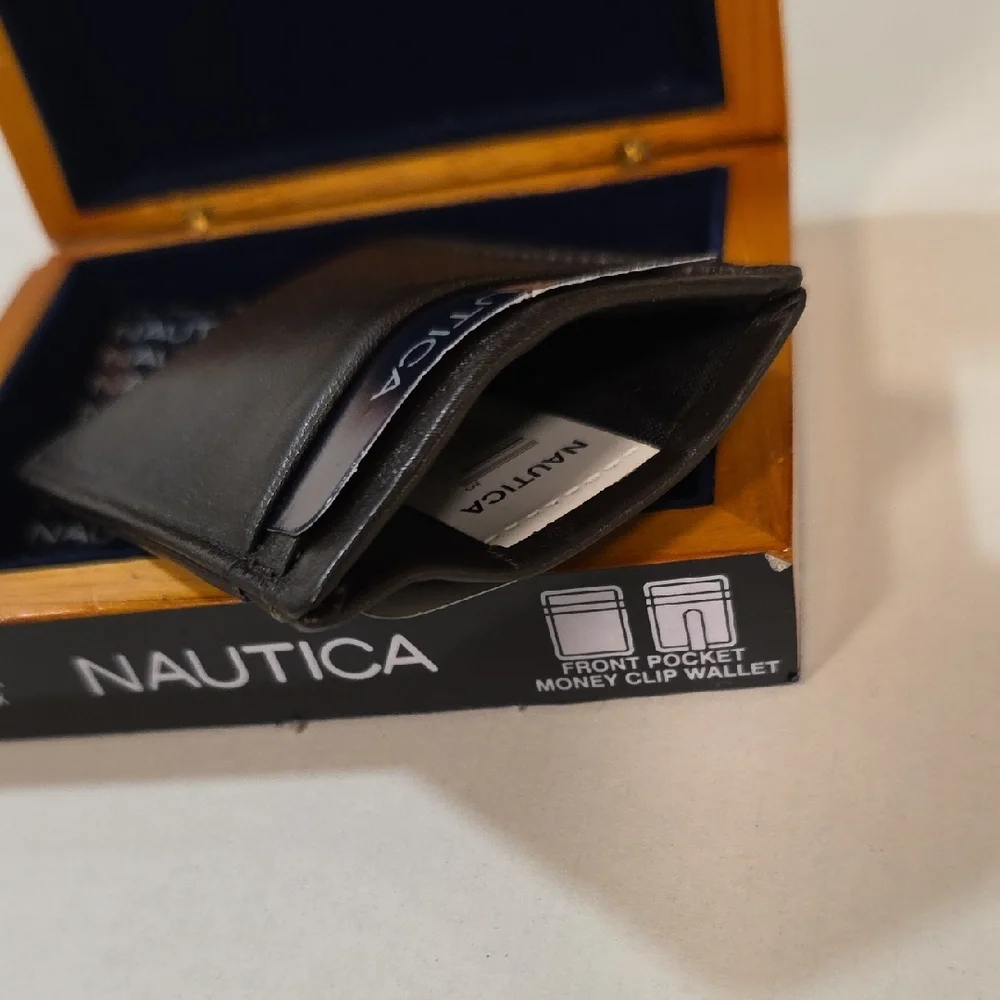 NAUTICA - Brown Card & Money Clip Holder - Wooden Box - New